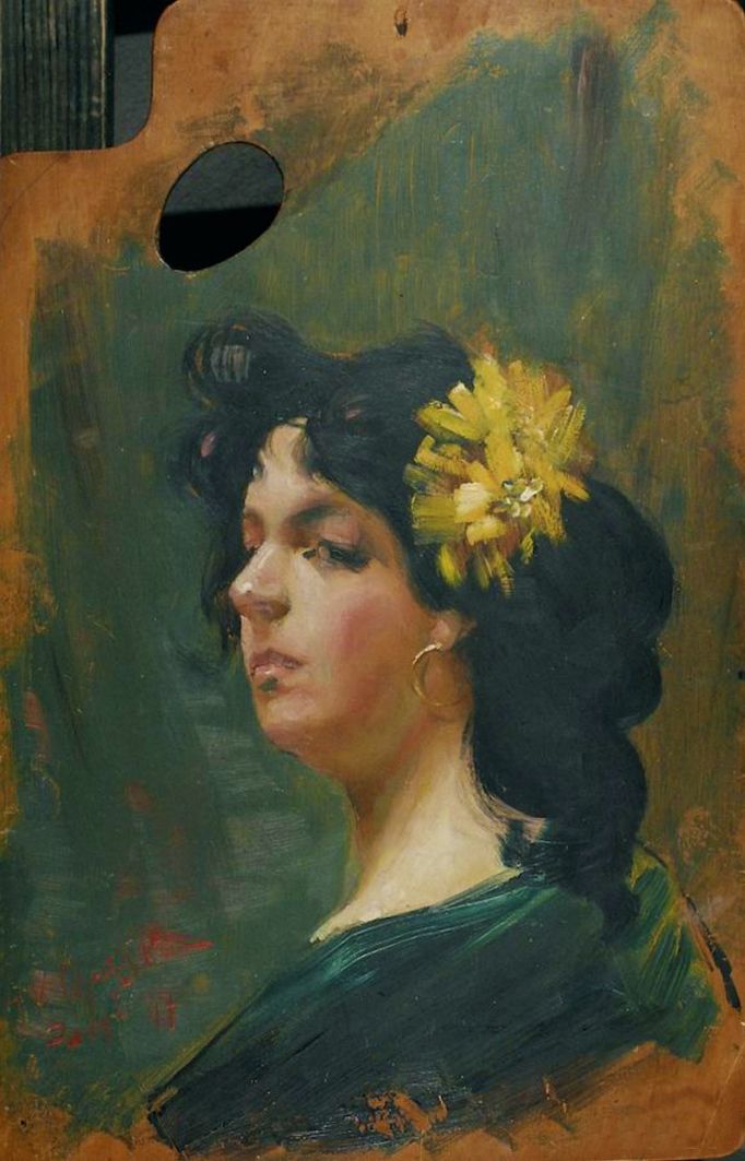 Ян Казімеж Ольпінський. Дівчина з квіткою у волоссі, 1897; дошка, олія