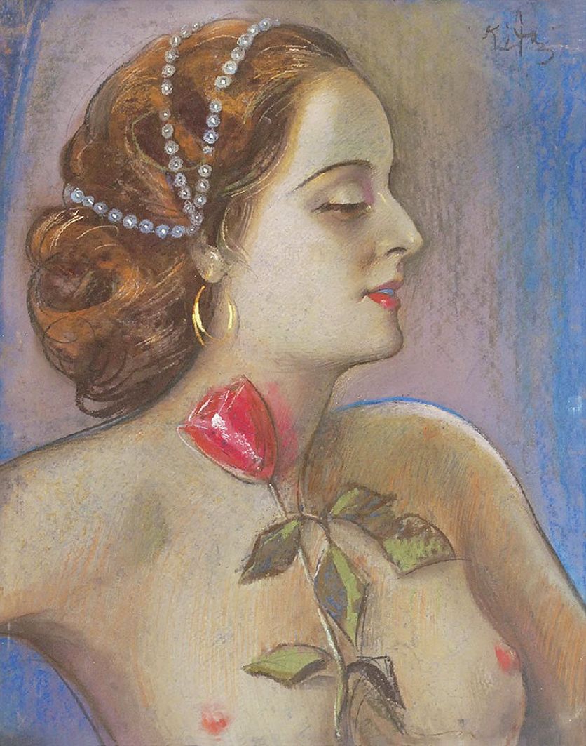 Юзеф Кідонь. Жінка з трояндою, 1930; картон, пастель