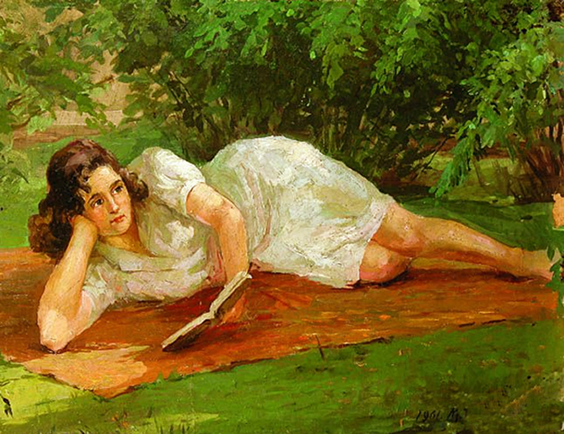Марія Водзіцька. Дівчина на траві, 1961; олія, картон