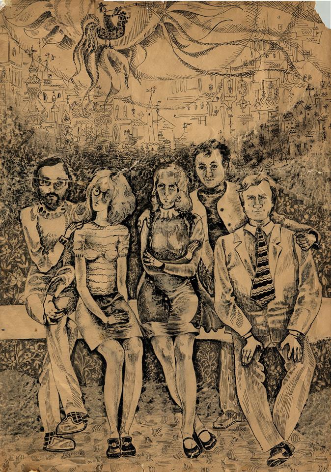Катерина Суєвалова. Після Прибалтики (зліва направо: О. Аксінін, Н. Пономаренко, К. Суєвалова, В. Суєвалов, Б. Пікулицький), 1972; туш, папір