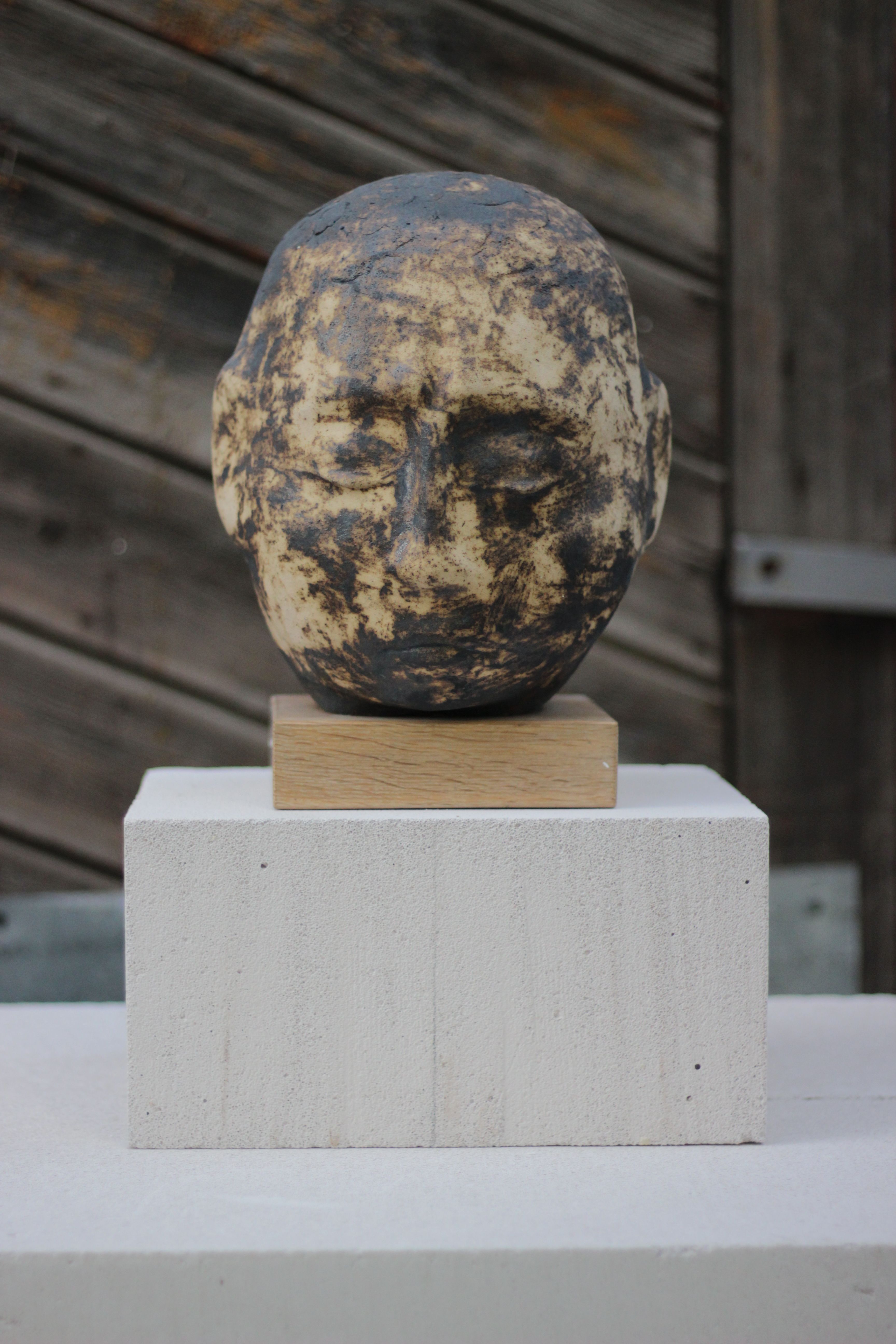 Денис Шиманський. Голова (мислитель),2016; кераміка (шамот), дерево (30x25x25)