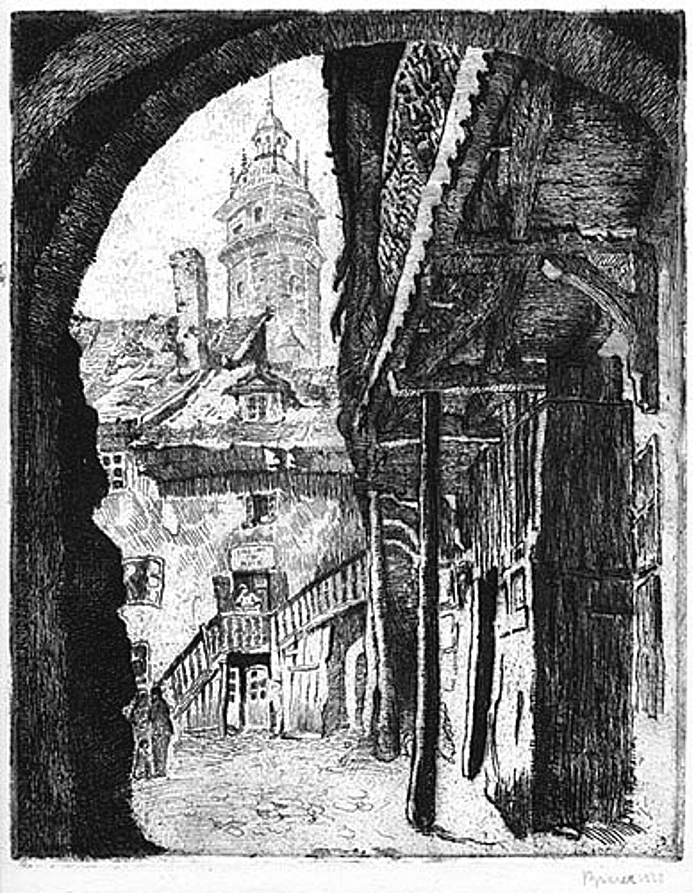 Зигмунт Бірер. Краків, подвірʼя з видом на вежі костела, 1925; офорт