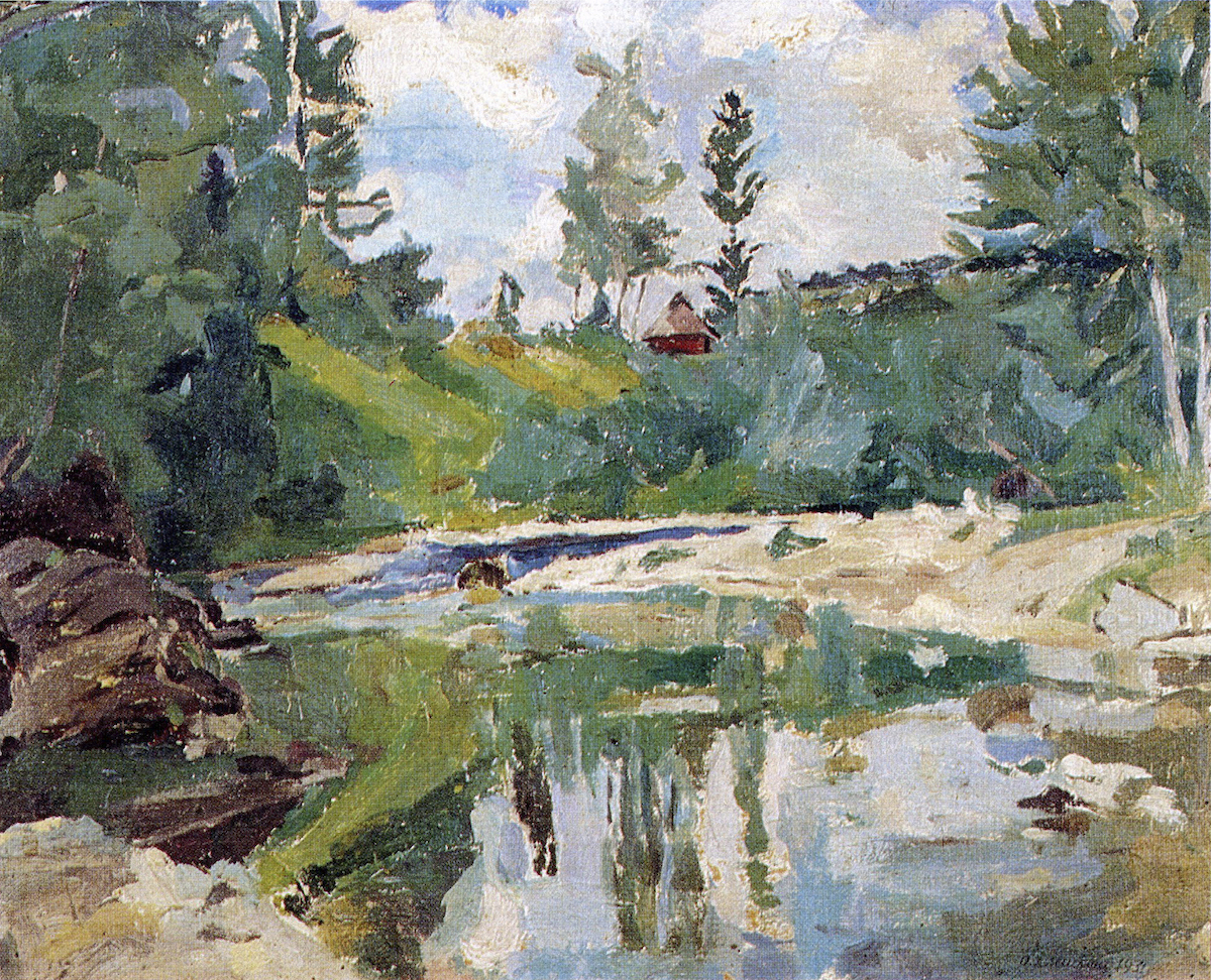 Ольга Плешкан. Краєвид із річкою, 1931; картон, олія