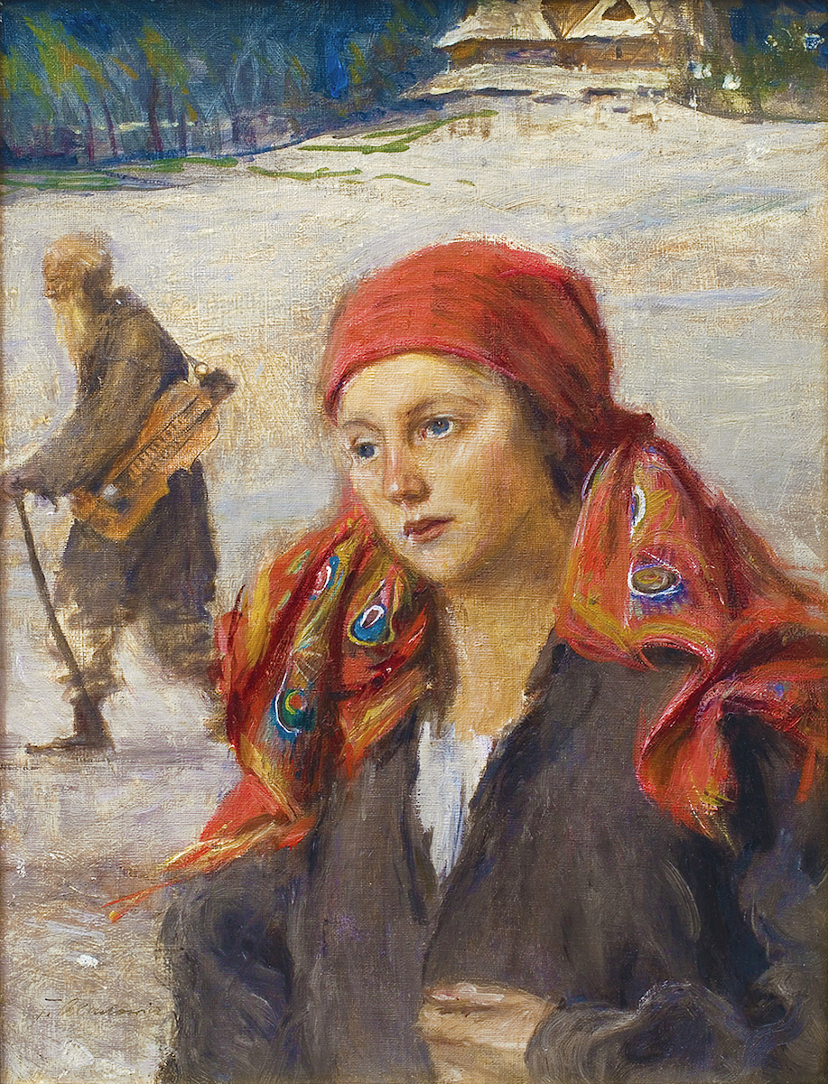Теодор Аксентович. Гуцулка та лірник, 1900; картон, олія